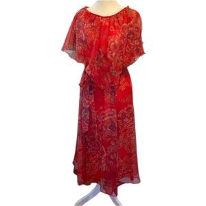 Vintage 70s AJ Bari Chiffon Dress. Red Floral Pattern. Size 8
